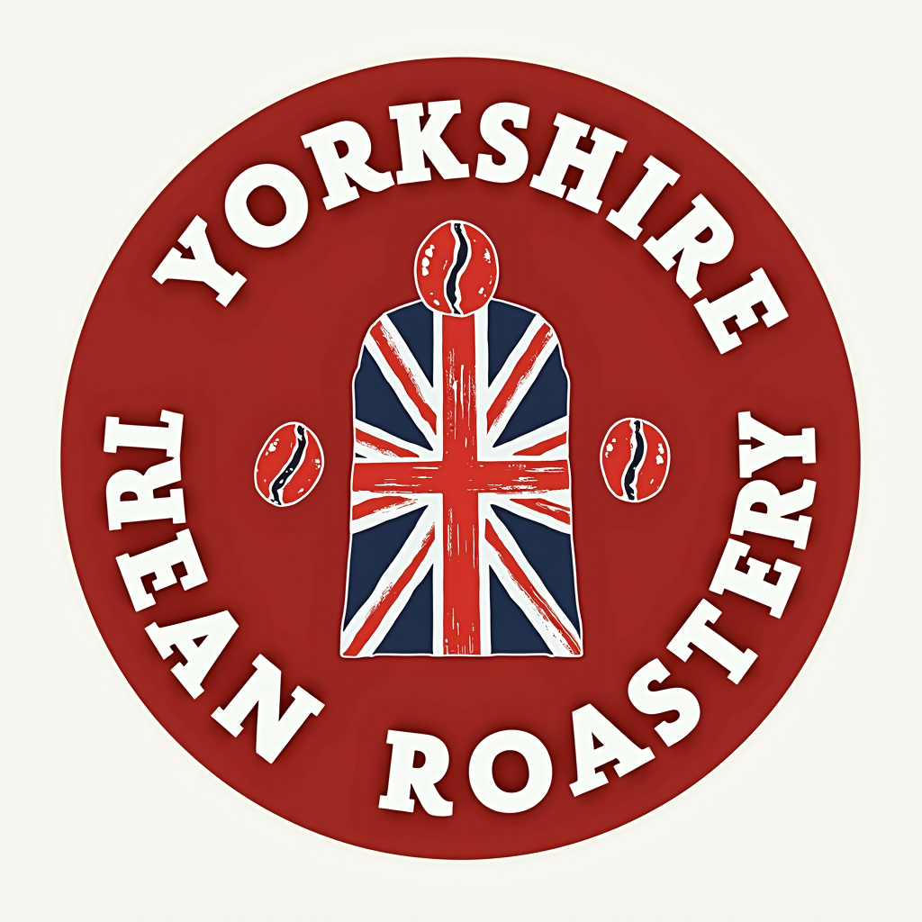 The Yorkshire Bean Roastery logo featuring British red color scheme with coffee bean and Union Jack elements