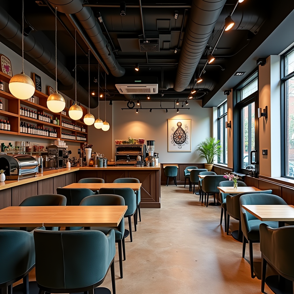 Modern interior of The Yorkshire Bean Roastery showing contemporary British cafe design with comfortable seating, warm lighting, and specialty coffee equipment in Leeds location