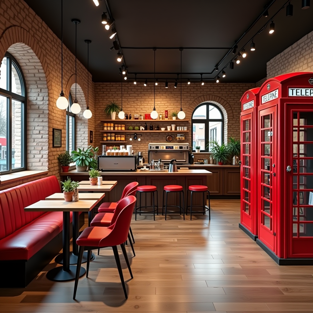 Bright modern British coffee shop interior featuring iconic red phone booth design elements, warm wooden furniture, contemporary lighting, and specialty coffee bar with espresso machines in Leeds