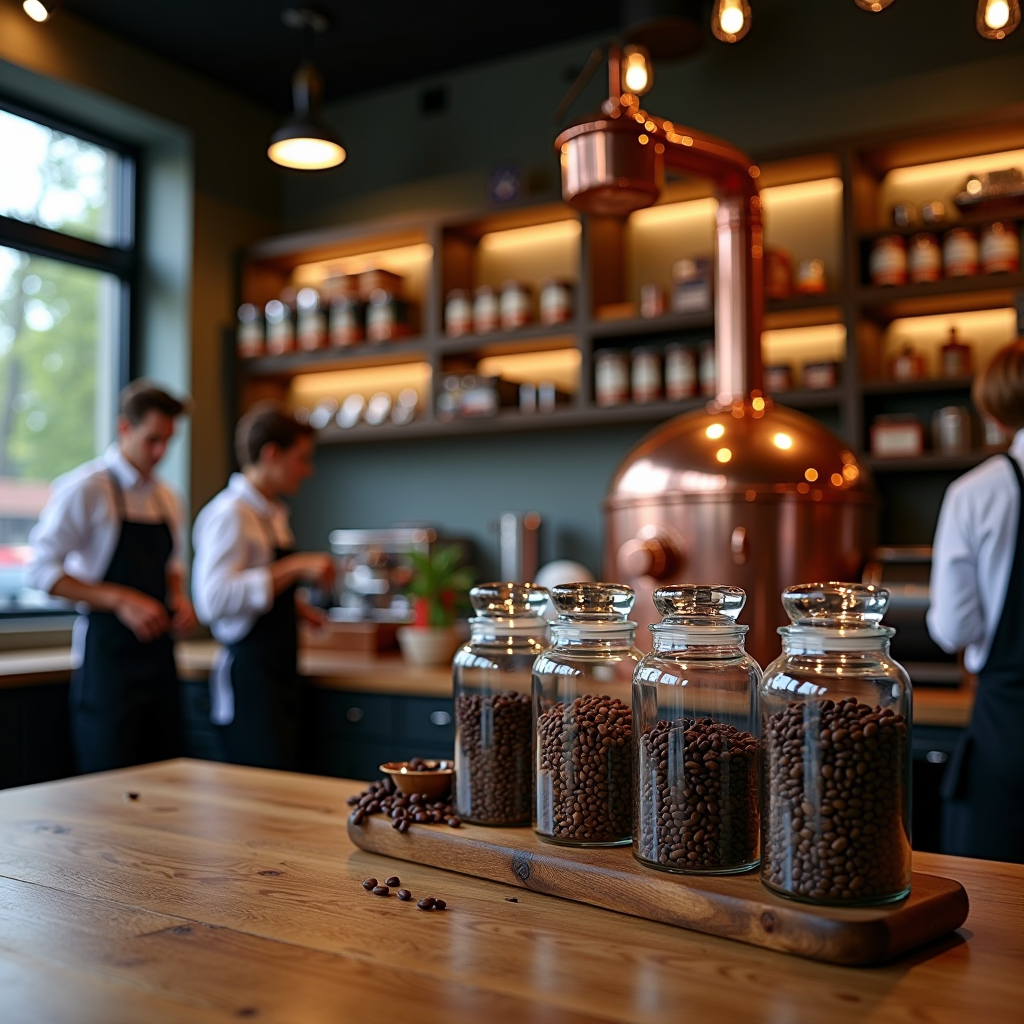 Modern British coffee roastery interior with traditional copper roasting equipment, wooden counters displaying single-origin coffee beans from Ethiopia, Colombia and Guatemala in glass jars, warm lighting highlighting the craftsmanship, Union Jack subtly incorporated in design elements, baristas in aprons working with precision equipment