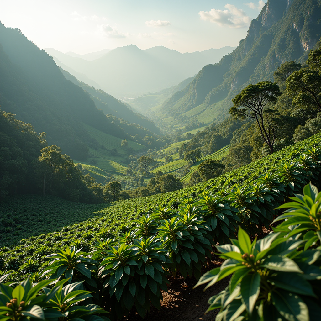 Aerial view of sustainable coffee plantation with British coffee roasters visiting farmers, showing lush green coffee plants, eco-friendly farming practices, and partnership between UK coffee experts and coffee growers in mountainous terrain