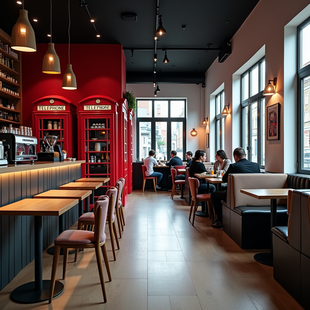 Modern British coffee shop interior featuring elegant wooden furniture, red accent walls reminiscent of phone booths, contemporary espresso machines, and customers enjoying specialty coffee in a bright, welcoming atmosphere with large windows and pendant lighting