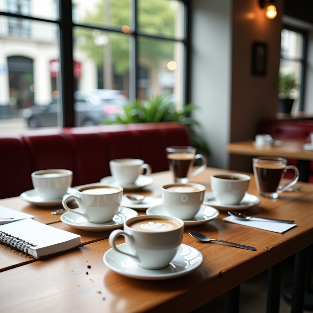 Professional coffee cupping session in a bright modern British cafe showing multiple white ceramic cups arranged on a rustic wooden table, with tasting notes notebooks, silver spoons, and coffee samples in small glass containers, natural daylight streaming through large windows, clean minimalist aesthetic with red accent details