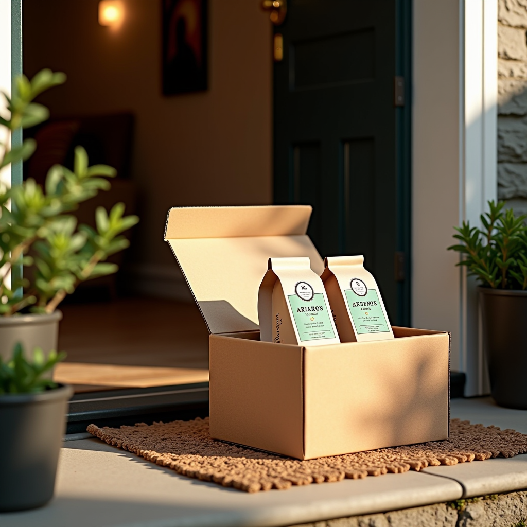 Coffee subscription box being delivered to a modern British home doorstep, featuring premium packaging with British design elements, artisan coffee bags visible inside open box, cozy home entrance with potted plants, morning light, welcoming atmosphere
