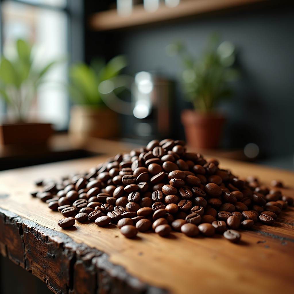 Close-up of premium single-origin coffee beans from Ethiopia, Colombia, and Guatemala displayed on a rustic wooden surface in a modern British coffee shop, with soft natural lighting highlighting the rich brown tones and varied bean textures