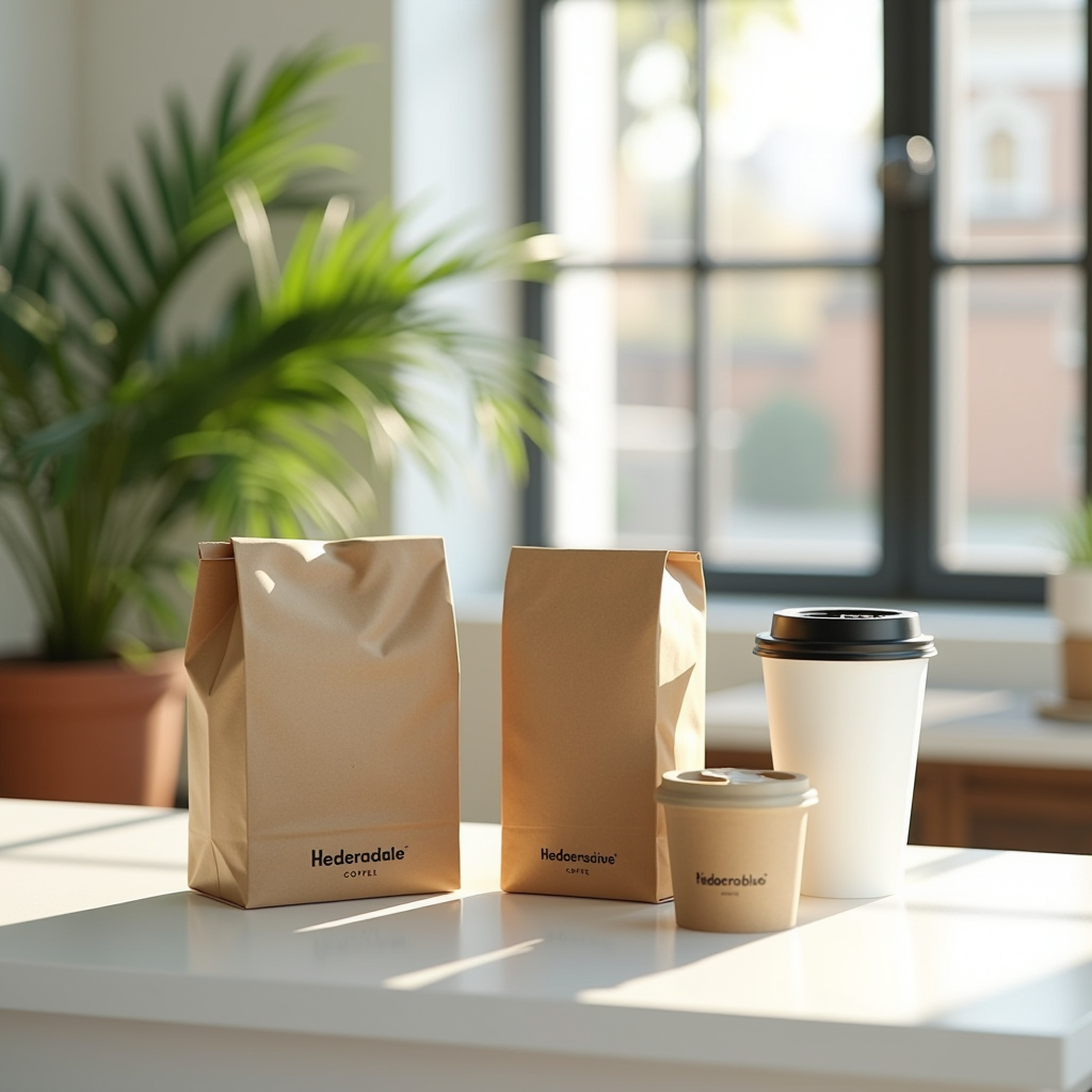 Eco-friendly biodegradable coffee packaging and reusable cups arranged on a clean white counter in a British cafe, with green plants in the background and natural sunlight streaming through large windows, emphasizing environmental consciousness