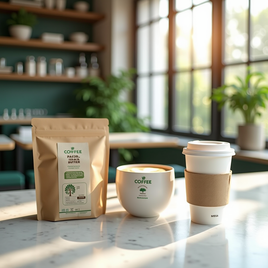 Eco-friendly biodegradable coffee packaging and reusable cups arranged on a clean white marble counter in a modern British cafe, with green plants in the background and natural sunlight streaming through large windows, emphasizing environmental consciousness and sustainability