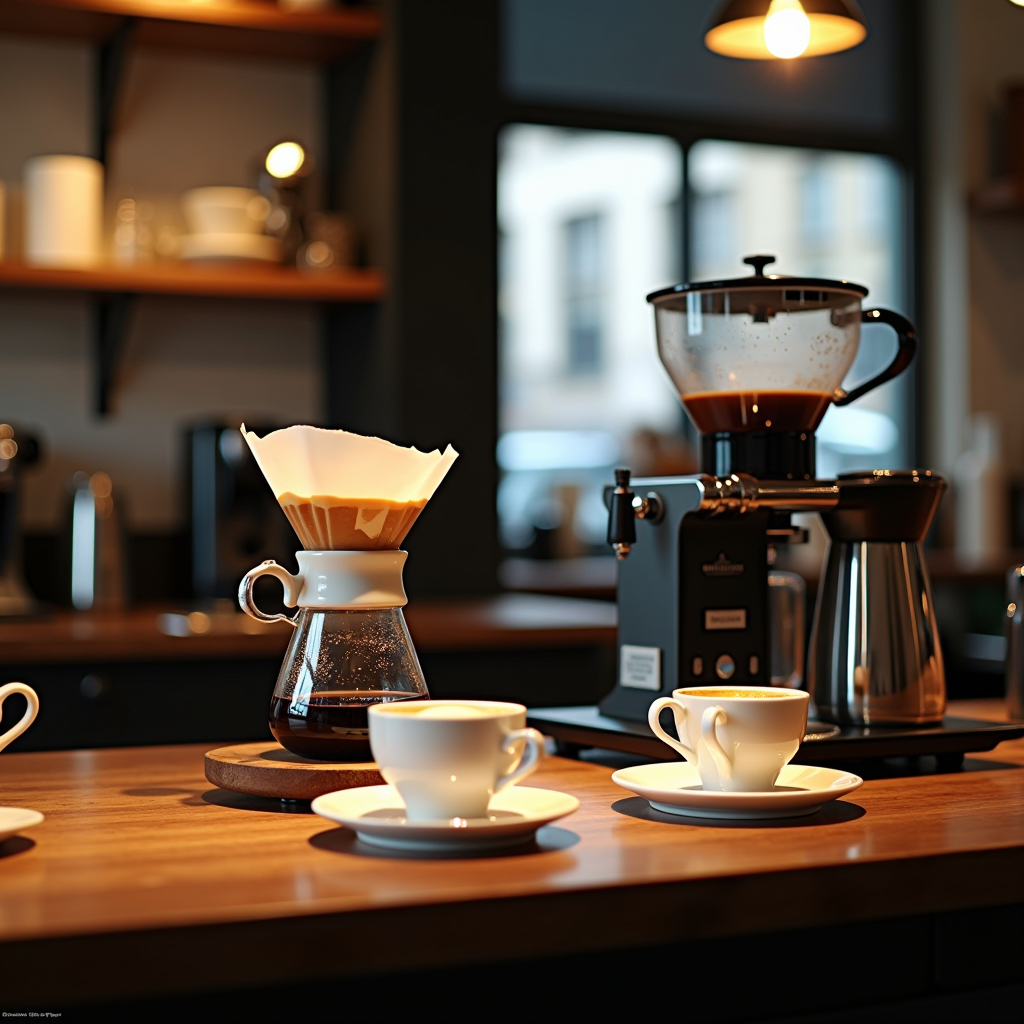 Modern British coffee shop interior with elegant pour-over coffee setup on wooden counter, vintage teacups alongside contemporary coffee equipment, warm lighting creating cozy atmosphere in a stylish London cafe setting