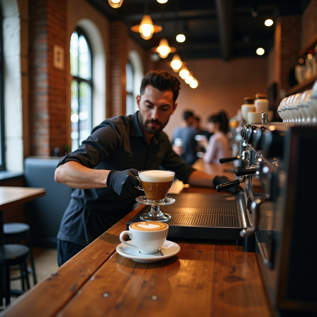 Stylish London coffee shop interior with a skilled barista preparing a pour-over coffee using traditional British craftsmanship, featuring exposed brick walls, vintage wooden furniture, modern espresso machines, and customers enjoying flat whites in a cozy contemporary atmosphere