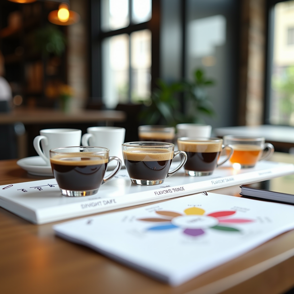 Professional coffee tasting setup with multiple small cups of specialty coffee arranged on white tasting mat, flavor wheel chart visible, notebook with tasting notes, in bright modern British cafe with natural daylight