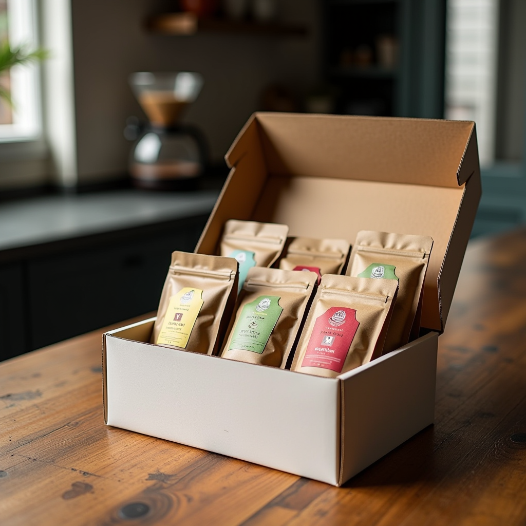 Elegant coffee subscription box opened on kitchen counter showing variety of specialty coffee bags from different origins, with brewing equipment and British home interior visible in background, warm and inviting atmosphere